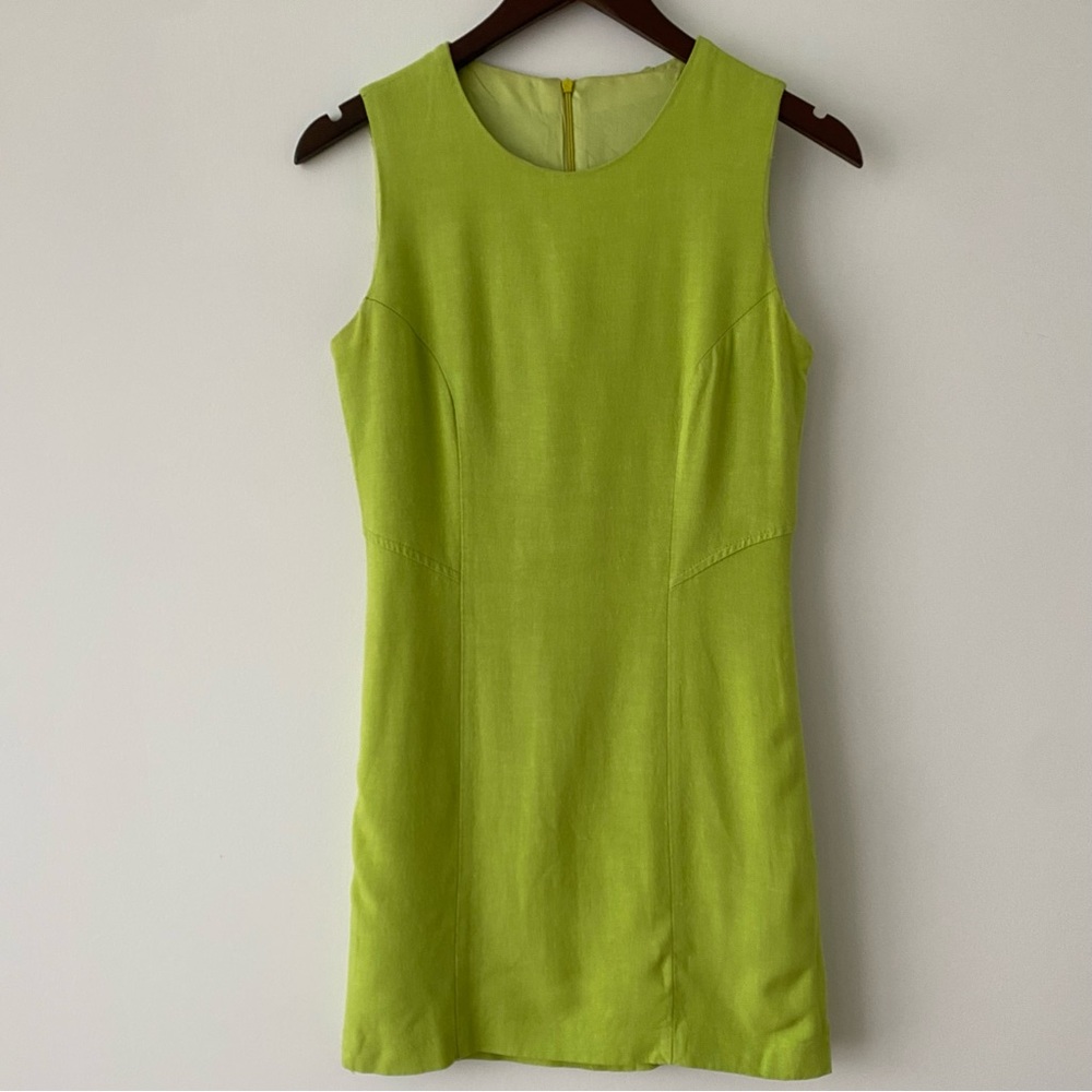 Vtg Linen Blend Lime Green Dress